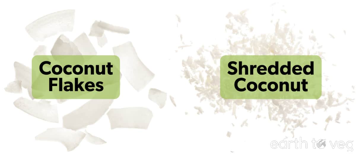Comparison of shredded coconut vs coconut flakes on a white background.