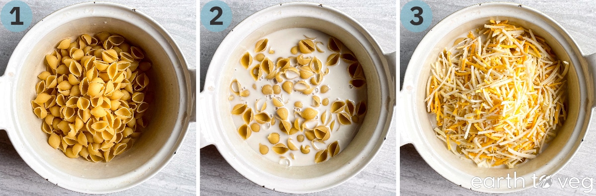 Steps 1, 2, 3 of making vegan mac n cheese: Dried pasta, soy milk, and vegan cheddar shreds are added to a Dutch oven.
