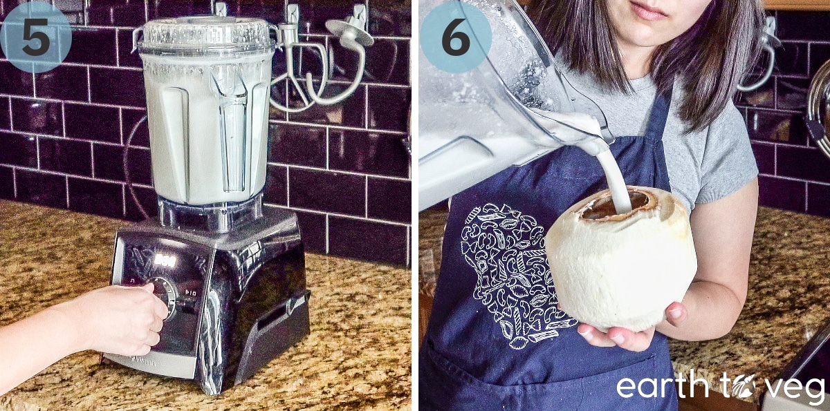 Steps 5 and 6 of making coconut milk: Blend until smooth then pour the coconut milk back into the coconut.