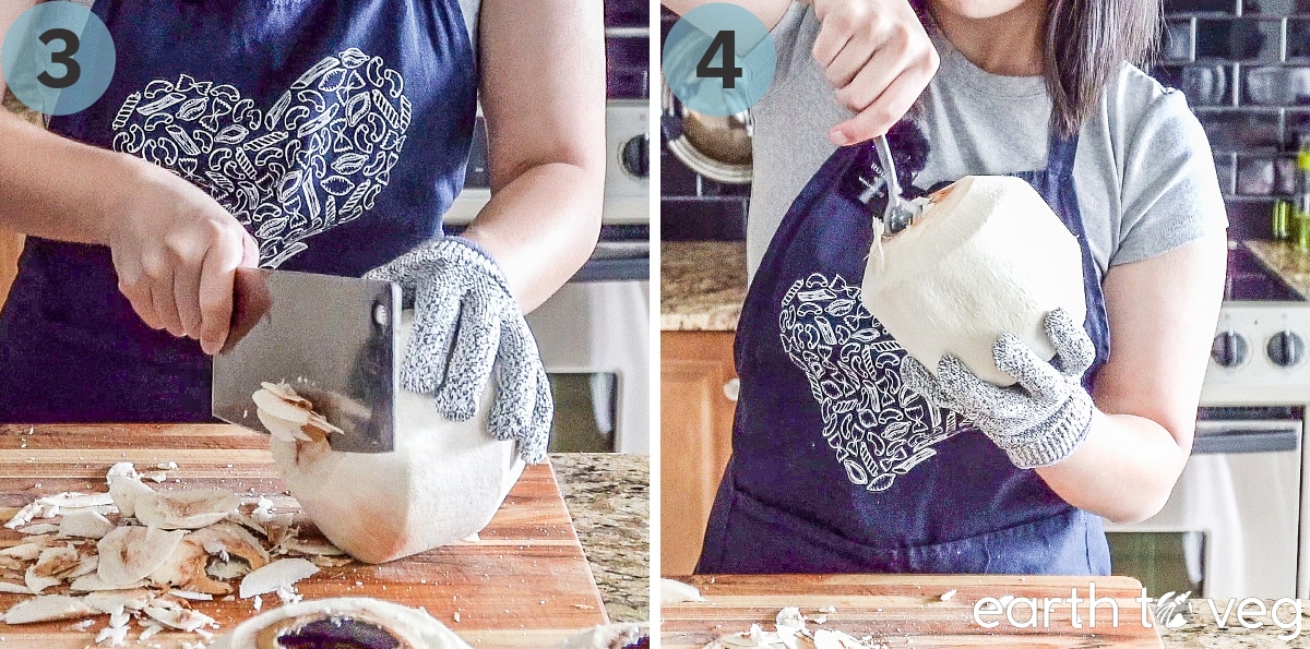 Steps 3 and 4 of making coconut milk: Hack at the coconut to create a bigger opening, then scoop out the coconut meat with a spoon.