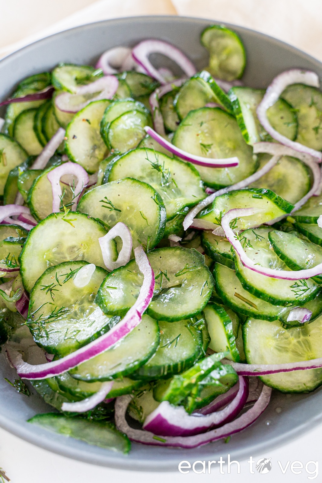 Gurkensalat made with cucumbers, dill, and red onions in a grey bowl.