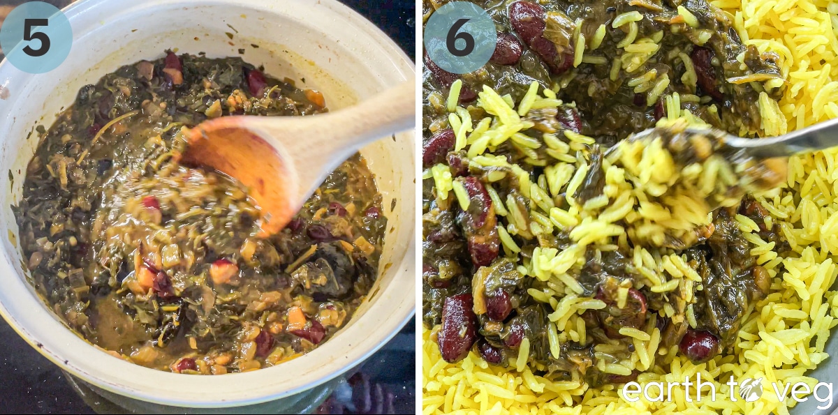 Stewed qormeh sabzi stirred around and spooned onto yellow rice.