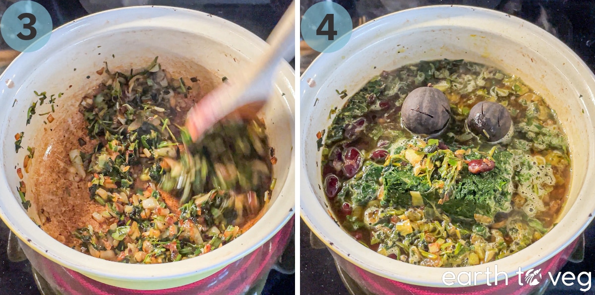 Herbs are sautéed until dry in a pot, then water, kidney beans, and dried limes are added.