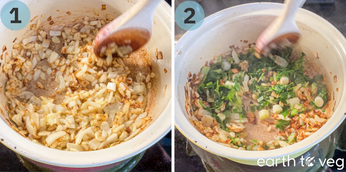 Onions sautéed in a Dutch oven and herbs are then added to it.
