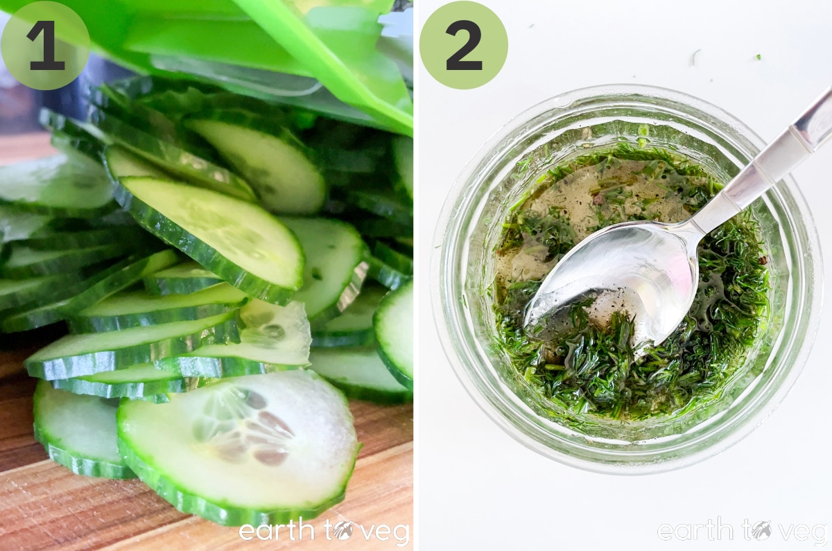 Cucumber is sliced on a mandoline, then gurkensalat dressing is mixed together in a small glass bowl.