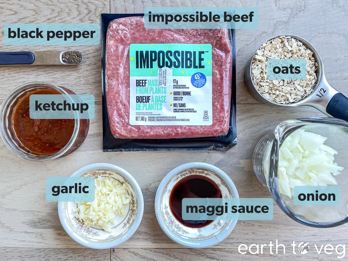 Ingredients for Impossible Meatloaf on a wooden floorboard.
