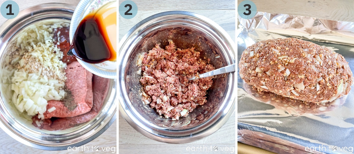 Meatloaf ingredients are added to a metal mixing bowl, mixed together, then formed into a loaf shape on a foil-lined baking sheet.
