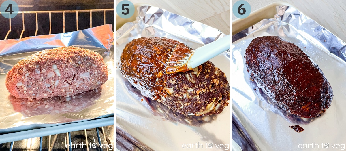 The vegan meatloaf bakes in the oven, is basted with ketchup and barbeque sauce, then baked again.
