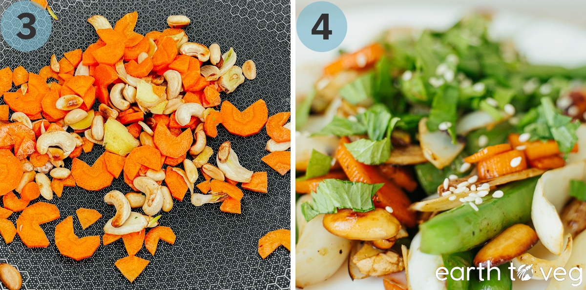 Steps 3 and 4 of making lily bulb stir fry: Carrots, nuts, and ginger are sauteed in a wok, then the result is plated onto a serving plate.