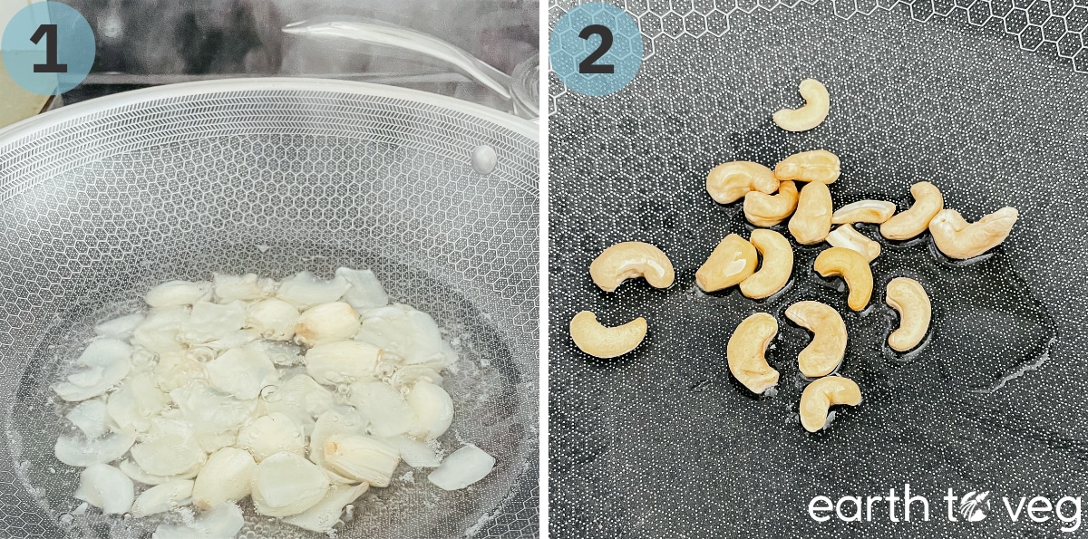 Steps 1 and 2 of making lily bulb stir fry: Lily bulbs are blanched in simmering water, then cashew nuts are added to the dry wok with a little oil.