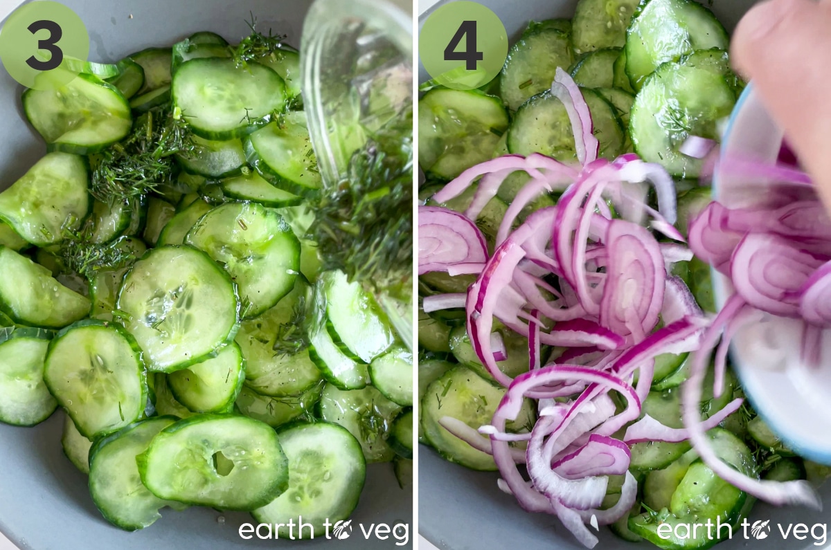 Dressing is poured over cucumber slices, then red onion is scatted over top.