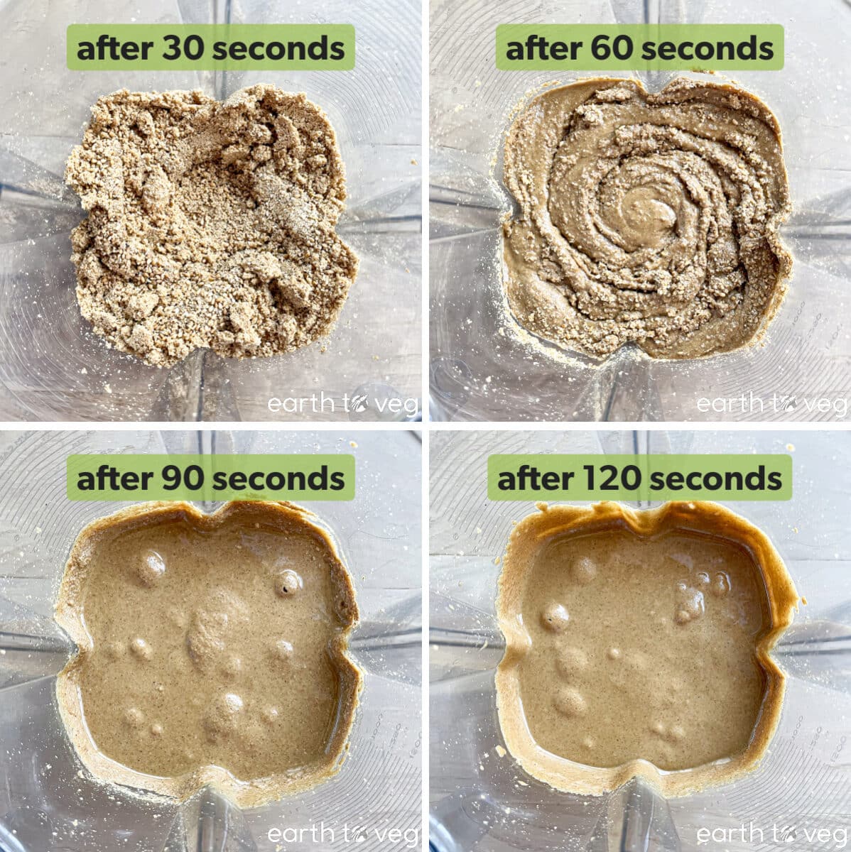 What sesame paste looks like after blending for 30, 60, 90, and 120 seconds.