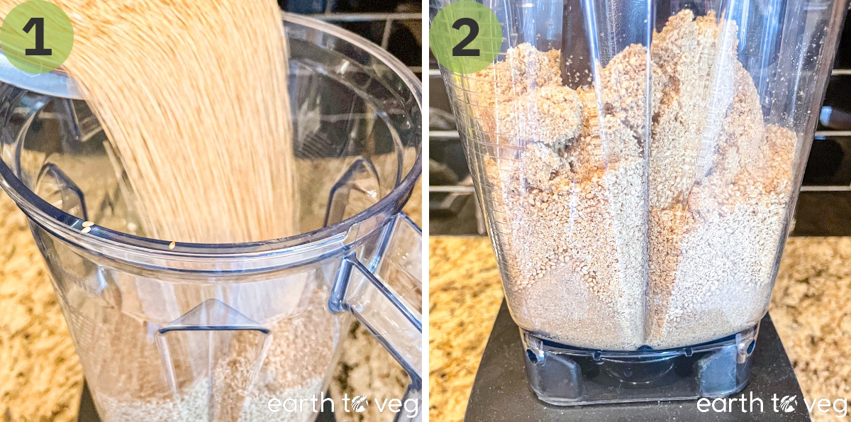 White sesame seeds are poured into a blender and blitzed into a pulp.
