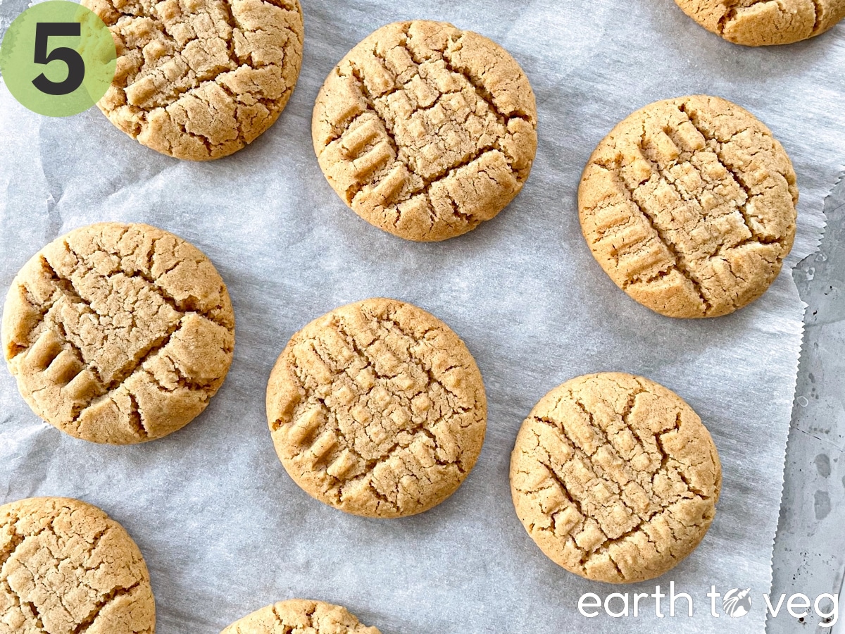 Baked vegan peanut butter cookies on a parchment paper-lined metal baking sheet.