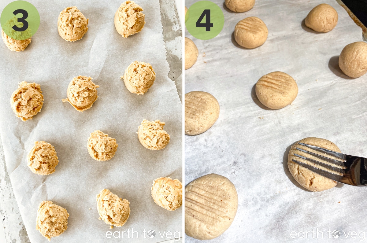 Cookie dough balls on a parchment baking sheet are pressed down with a fork.