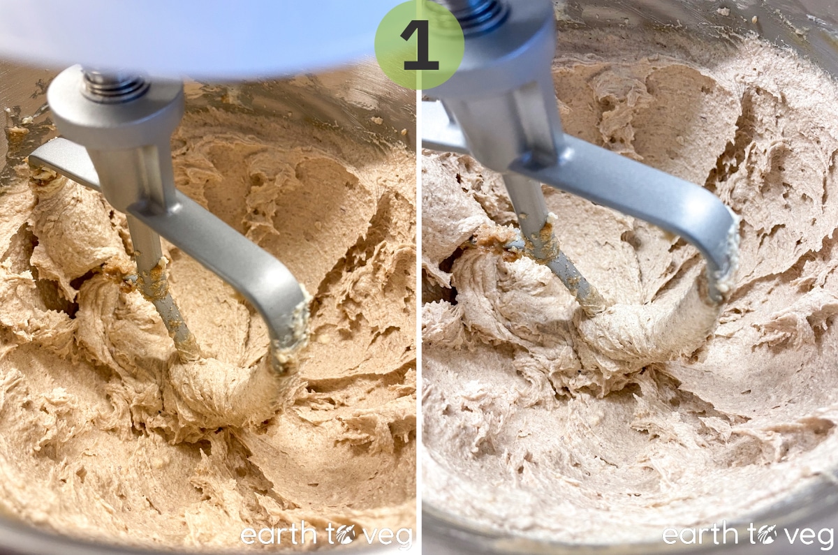 Vegan butter, peanut butter, and sugars are creamed together in a mixer until fluffy and lightened in colour.
