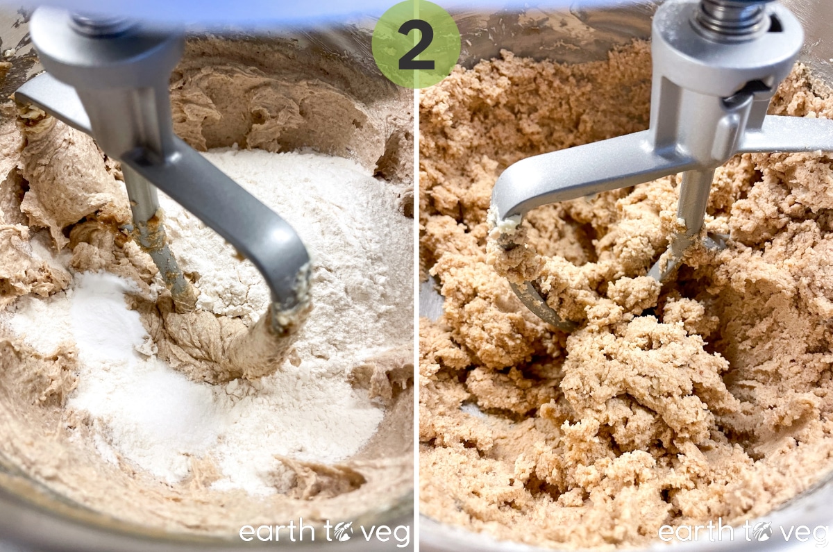 Flour, baking soda, and salt are added to the wet cookie ingredients and mixed into a dough.