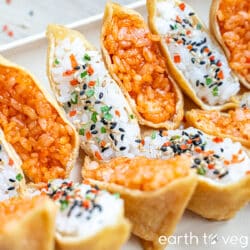 Korean bean curd pockets placed on a serving platter.