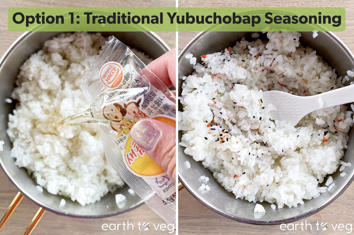 Vinegar sauce is poured onto hot rice and mixed in with a rice paddle.