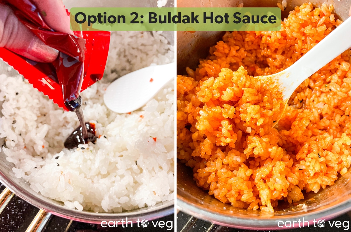 A packet of Samyang buldak fire sauce is emptied into white rice, and then mixed with a small rice paddle.