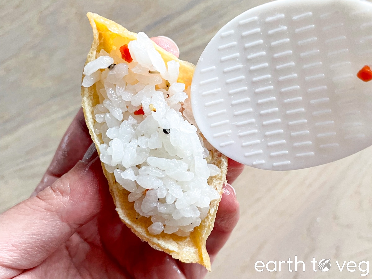 Seasoned rice is stuffed into a bean curd pocket.