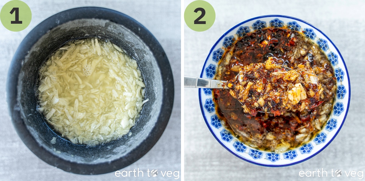 Garlic is covered with hot water, then is mixed in a bowl together with the other dip ingredients.