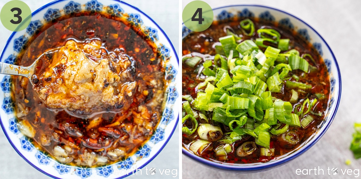 Sesame paste is added to the dip, then scallions are sprinkled on top.