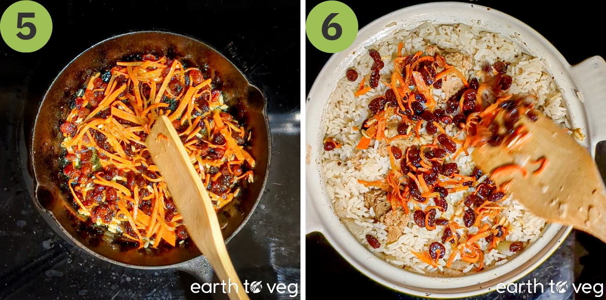 Carrots, raisins, and nuts are fried in oil, then the fried mixture is drizzled over the cooked pulao rice.