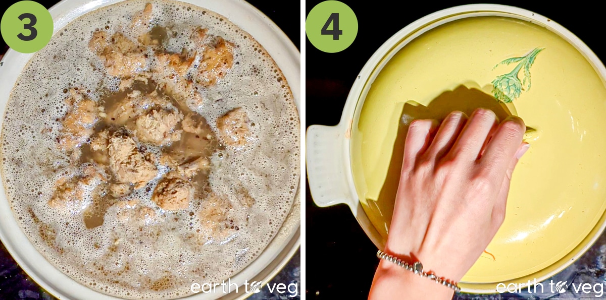 Vegan lamb is added to the pot and a heavy lid is placed over the pot.