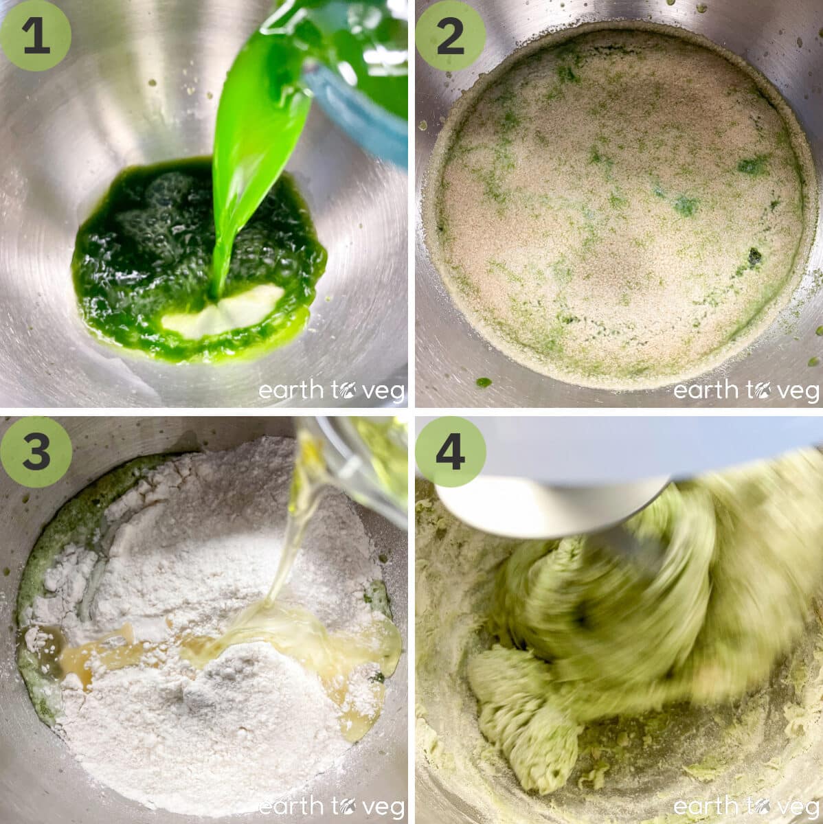 First four steps of making pandan bun dough.