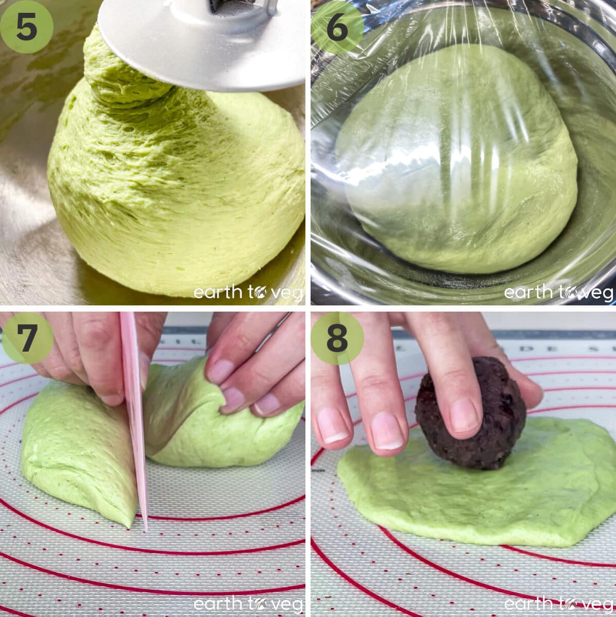 Pandan dough is kneaded, then rolled into circles, with red bean paste placed in the center.