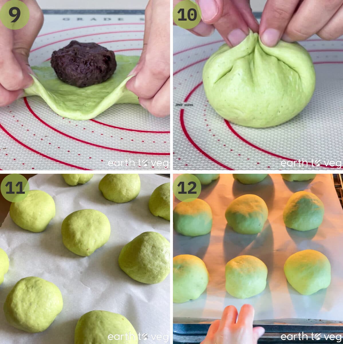 Adzuki bean paste is folded into the pandan bun and baked.