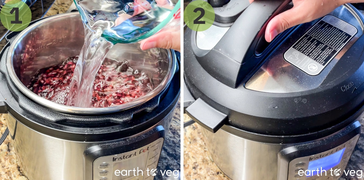 Water and beans are poured into an Instant Pot. Then the lid is secured onto the pot.