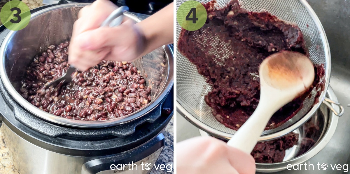 A potato masher is used to crush the beans into a coarse mixture, then is pushed through a fine sieve to further strain it.