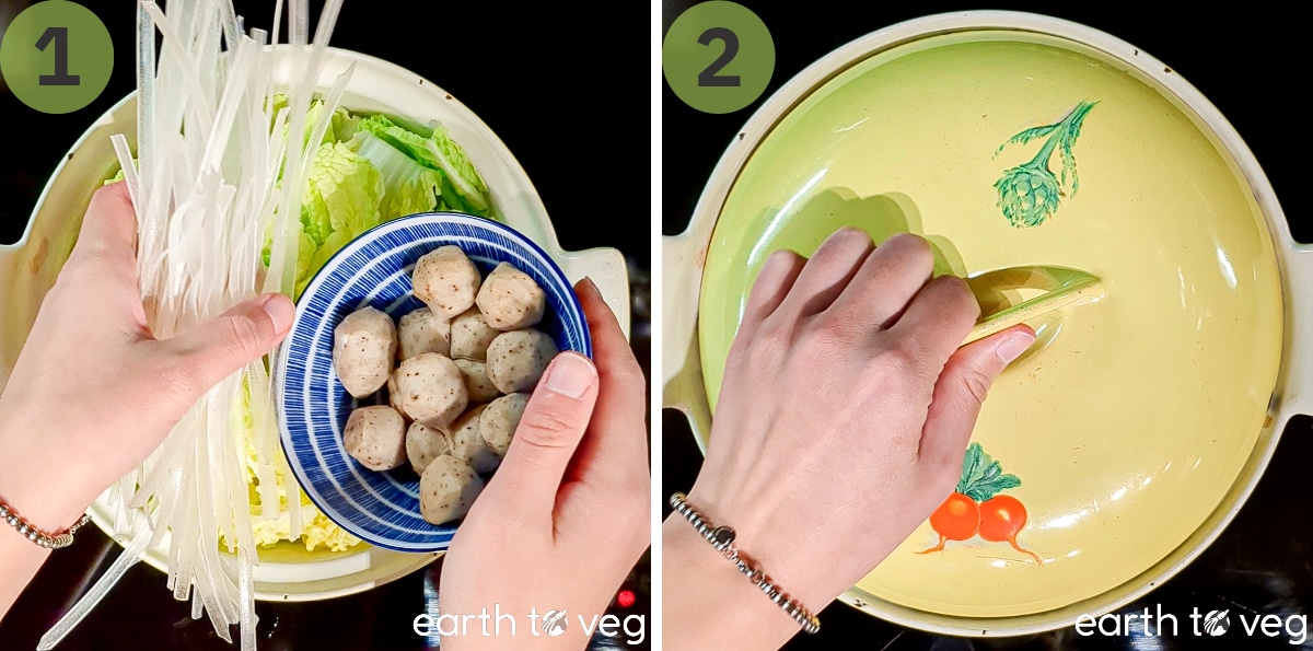 Vegan mushroom balls and glass noodles are added to a Dutch oven full of simmering Napa cabbage.