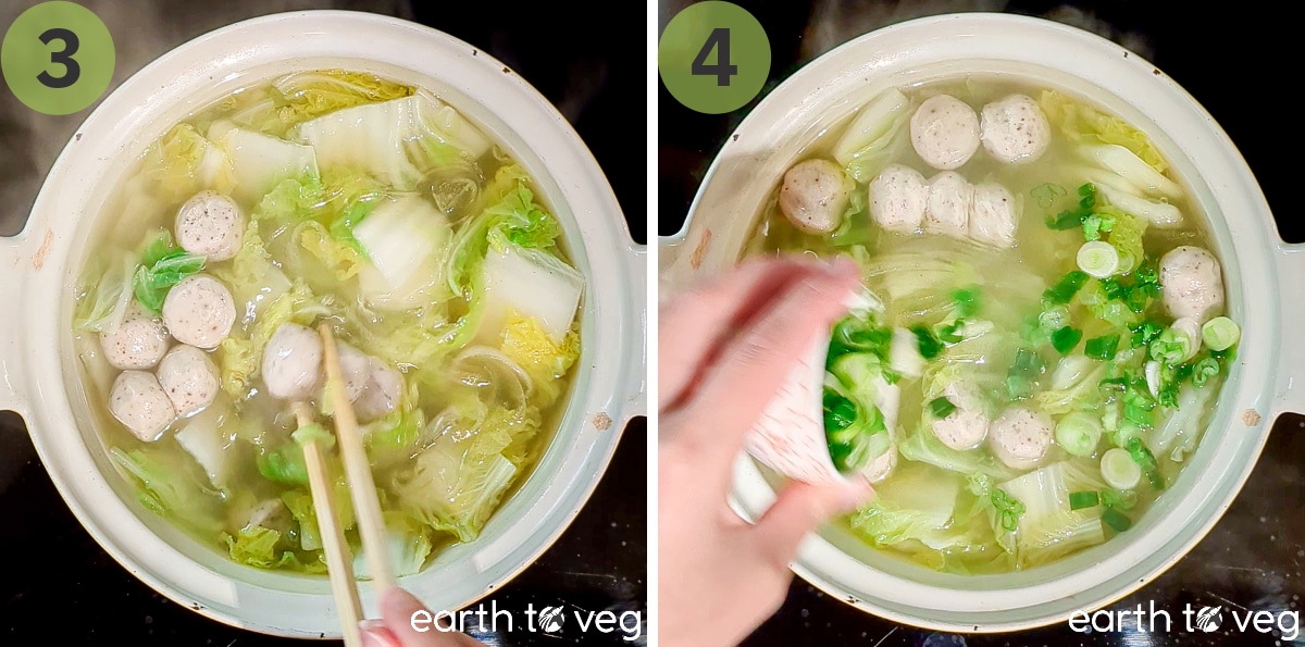 The veggie ball soup is stirred with chopsticks then topped with chopped scallions.