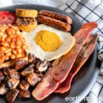 Hearty vegan fry up served on a massive plate.