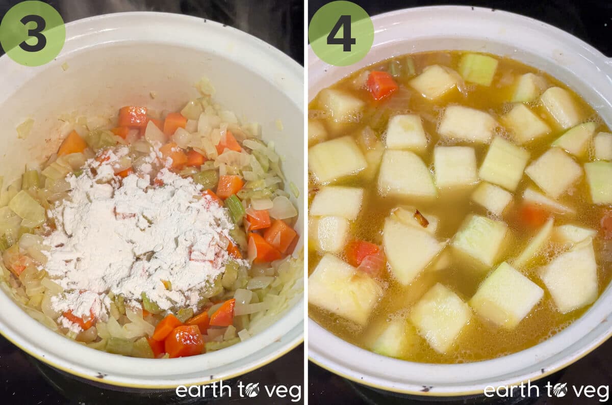 Flour is sprinkled over the mirepoix, then vegetable stock and chopped marrows are added to the pot.