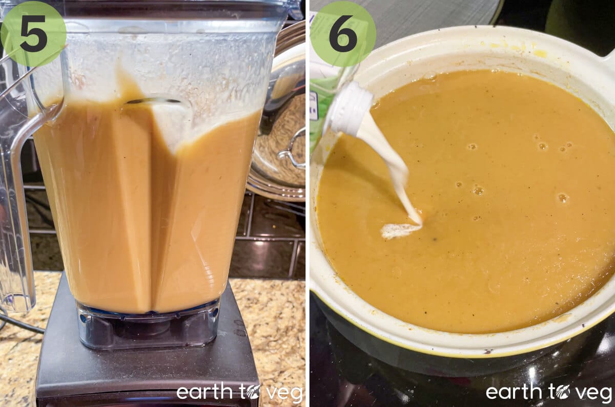 Vegetable marrow soup is pureed in a Vitamix blender, then Belsoy cream is drizzled into the soup.