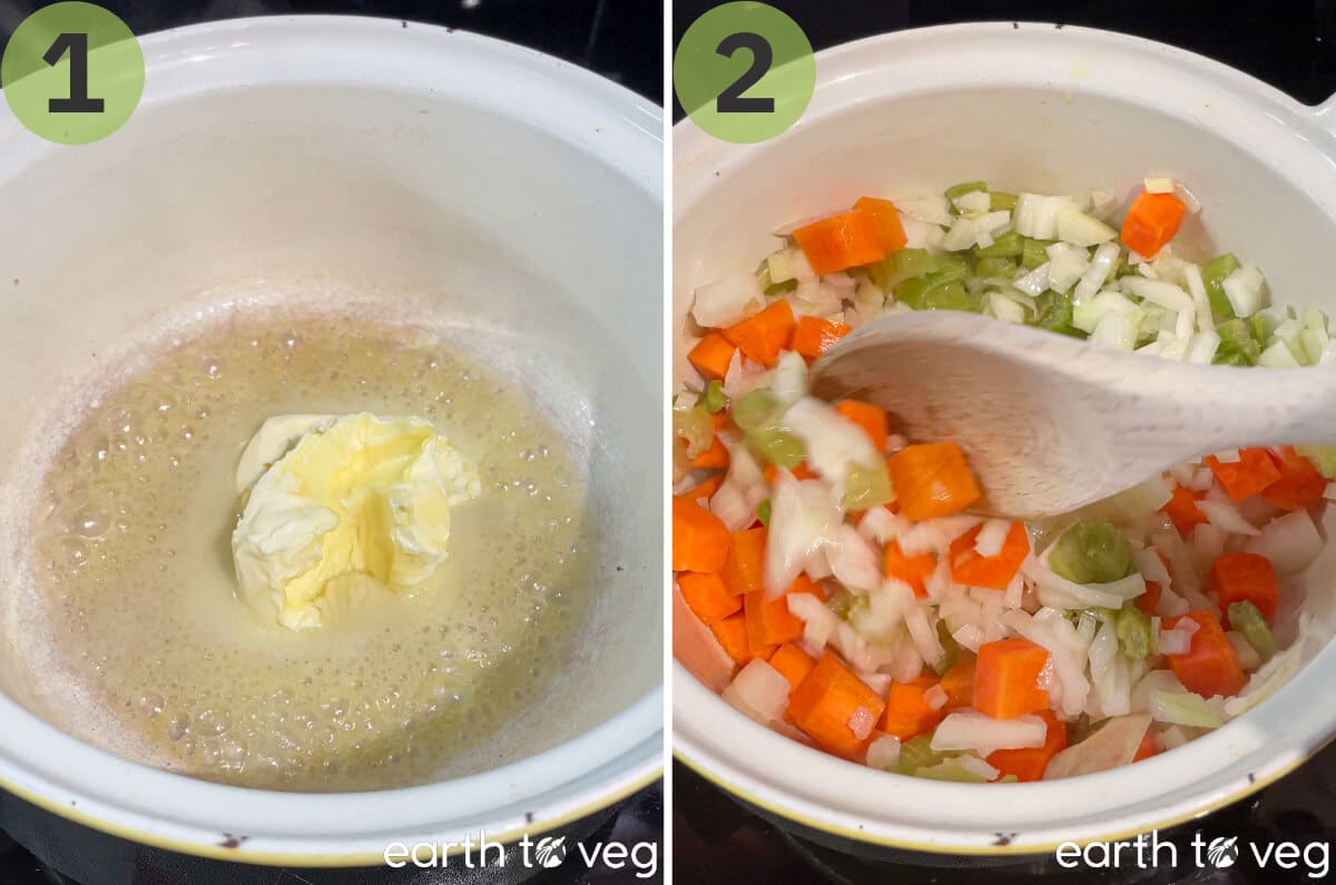 Butter melts in a Dutch oven then mirepoix is sauteed in the hot butter.