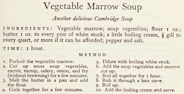 An old recipe for vegetable marrow soup from a cookbook called Good Things in England, published in 1932.