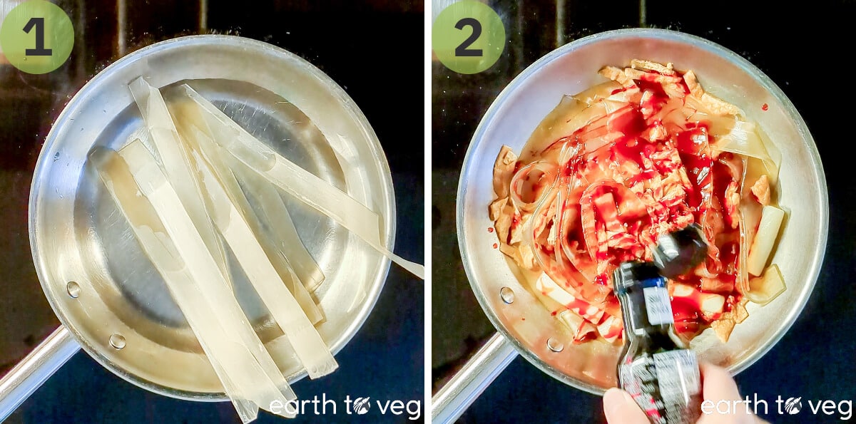 Glass noodles are simmered in water then buldak hot sauce is added.