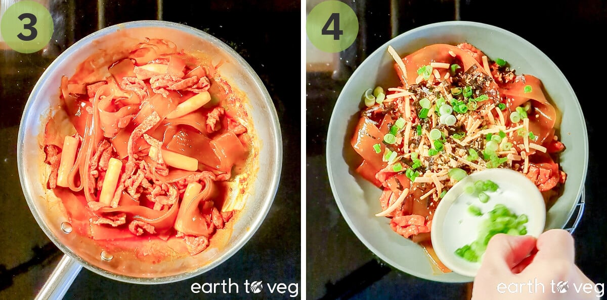 The buldak sauce is reduced until thickened and clinging to the noodles, then scallions and other toppings are added to the dish.