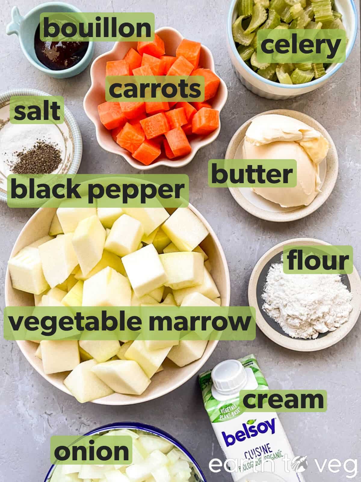 Vegetable marrow soup ingredients on a grey countertop.