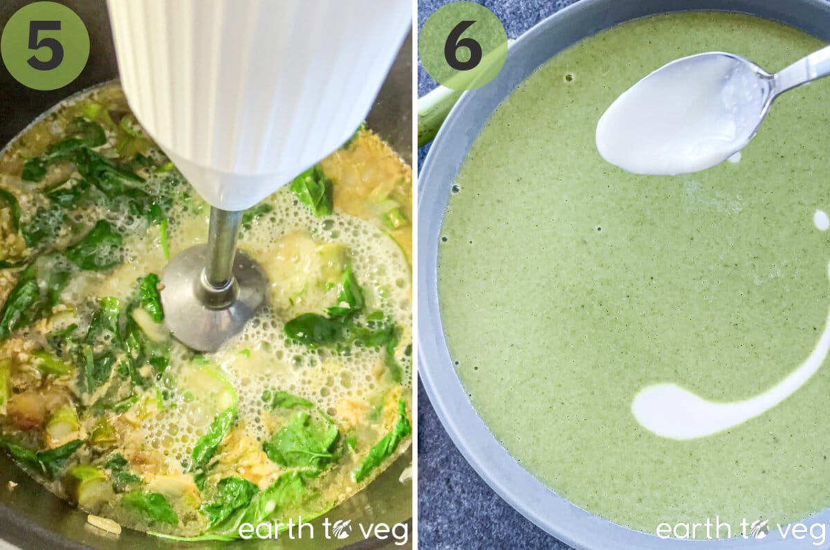 Using an immersion blender to puree the asparagus soup into a creamy puree.