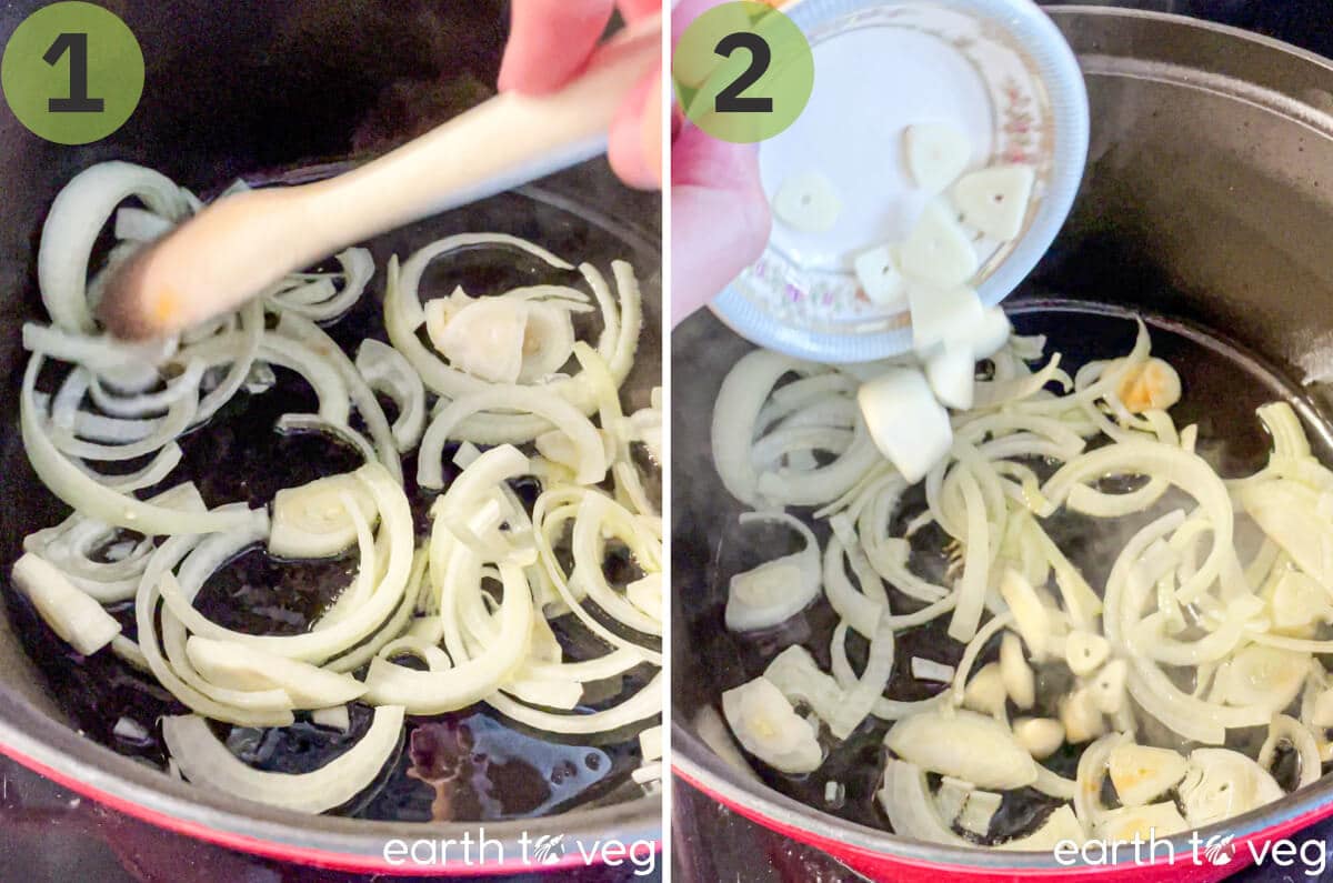 Onions and garlic are sauteed in a Dutch oven.