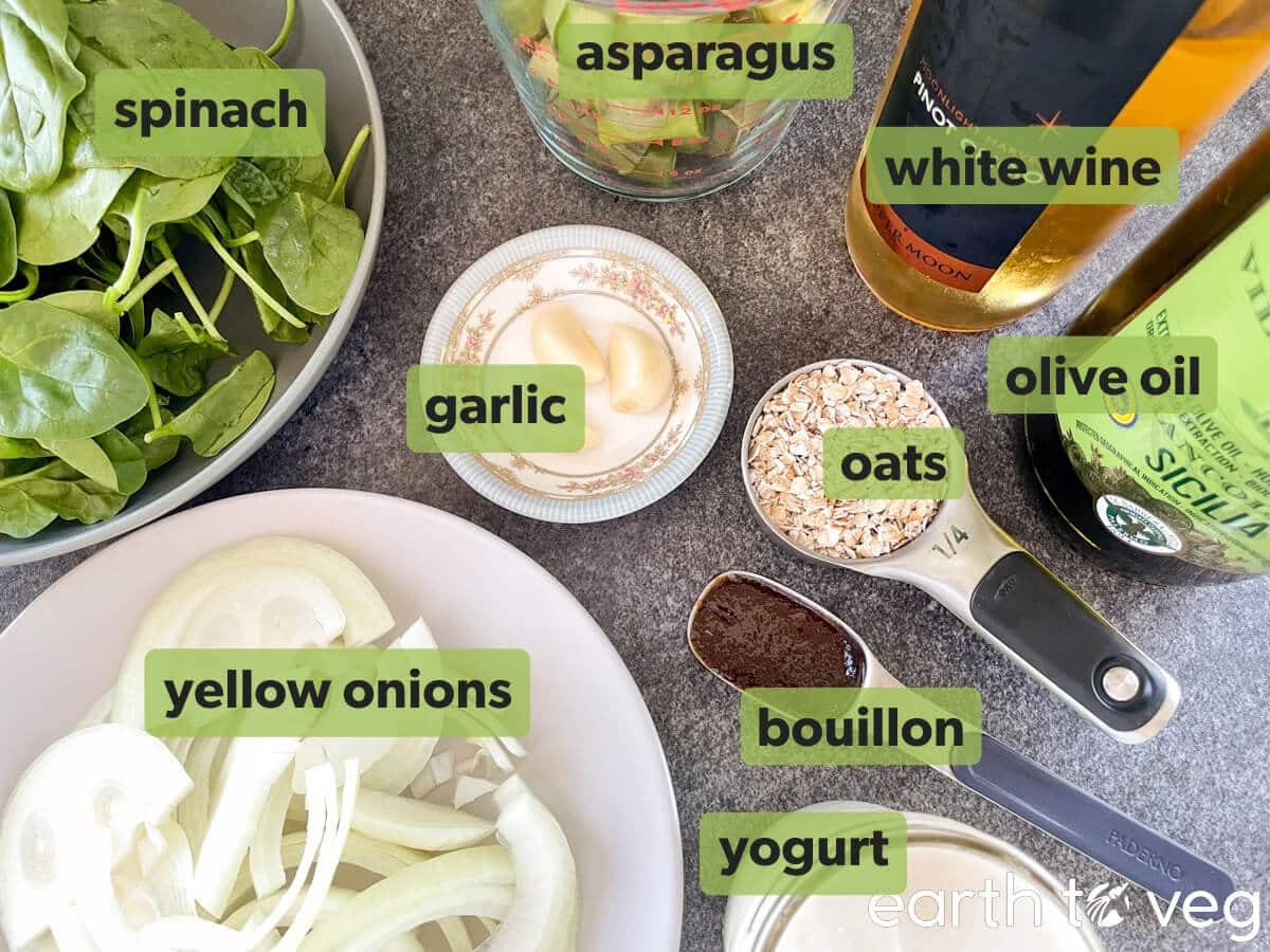 Ingredients for vegan cream of asparagus soup laid out on a countertop.