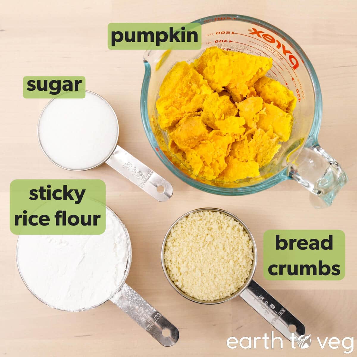 Ingredients for Chinese pumpkin rice cakes on a wooden table.
