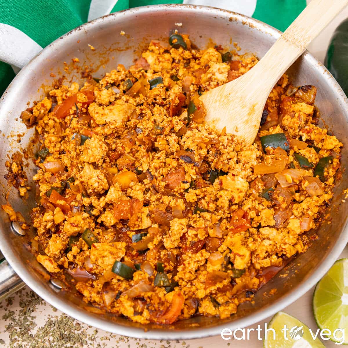Vegan sofritas in a steel skillet.