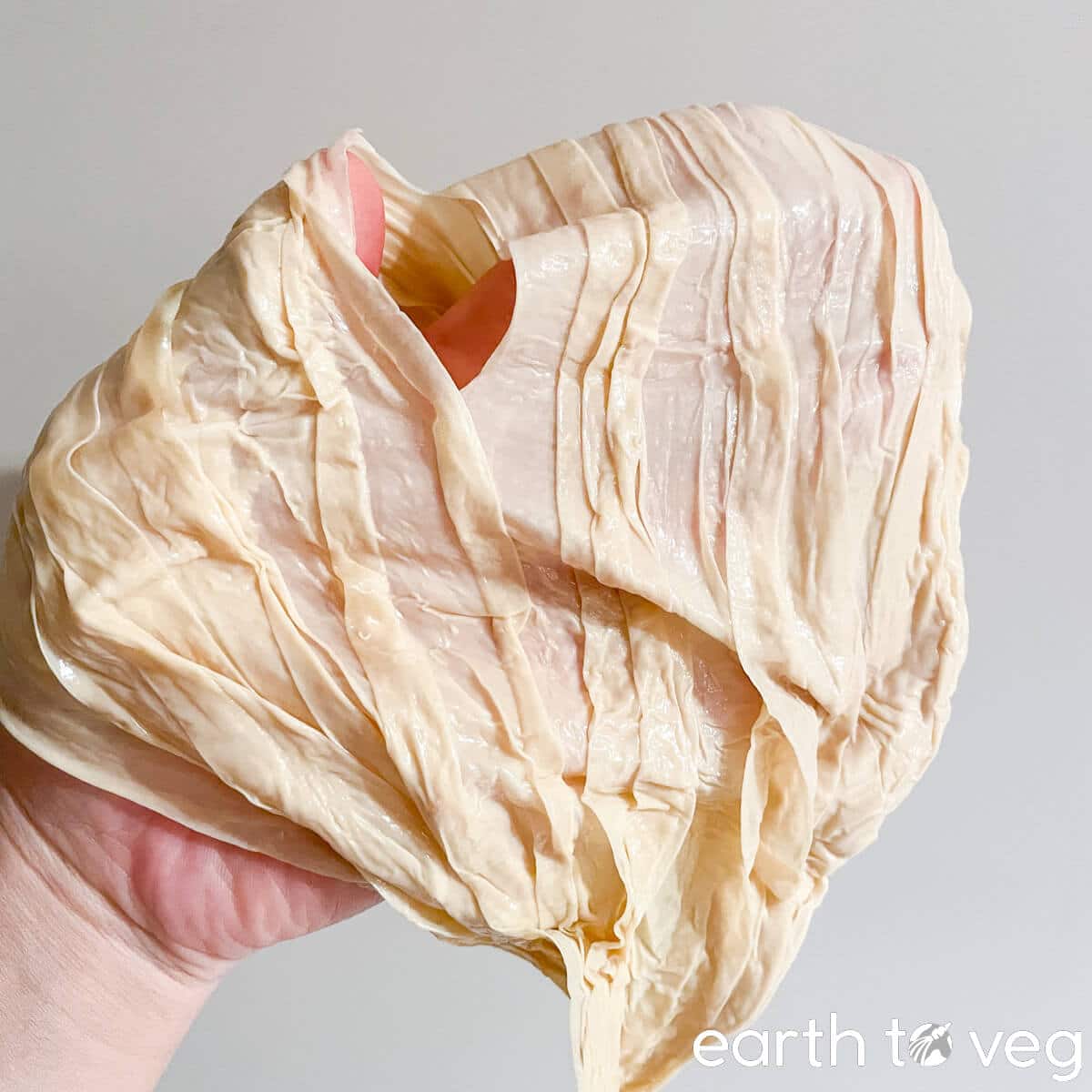 A hand holds up a sheet of fresh tofu skin.